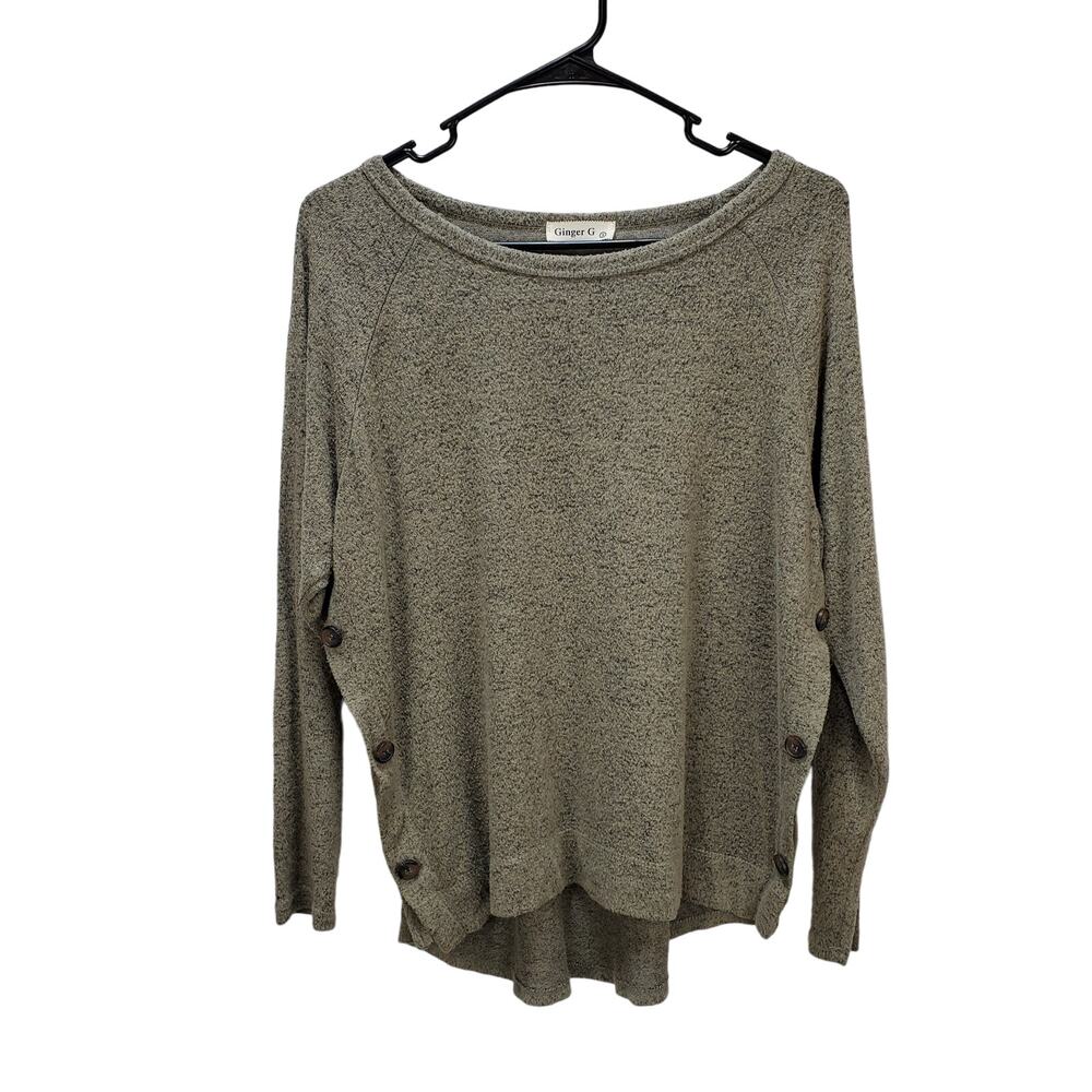 Ginger G Sweater Womens Small Green Round Neck Side Button Detail Soft Comfy Top